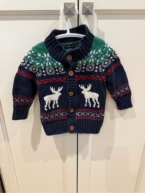 Baby gap 12-18m GAP Navy Fair Isle Moose Cardigan with Green and Red Accents